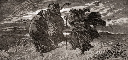 En scen ur William Shakespeares pjäs Macbeth, akt I, scen I, första häxan: ”När ska vi tre mötas igen, i åska, blixt eller regn?”, ur William Shakespeares verk, utgiven 1896